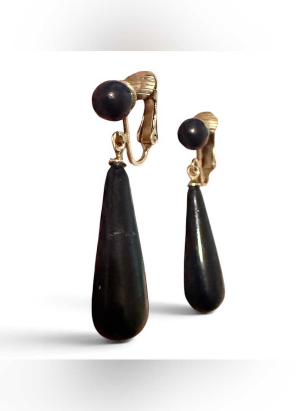 1960’s Vintage Black Bead Drop Clip On Earrings, Mod Fashion, 1.5” Long